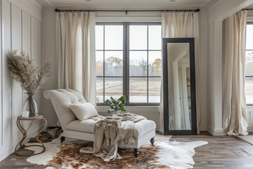 Modern Farmhouse Living Room with Oversized Black Leaning Mirror and Gray Chaise Lounge on White Cowhide Rug Over Wood Flooring