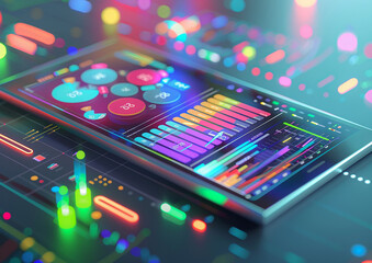 Data analysis on tablet, 3D isometric render, business insights visualization