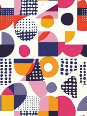 Obraz premium Geometric Abstract Pattern: A vibrant and playful seamless pattern featuring bold geometric shapes, dots, and a mix of bright colors. Perfect for adding a touch of modern energy to any design project.