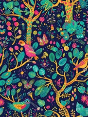 Fototapeta premium Vibrant Birds and Blooming Trees: A Night Garden Rhapsody 