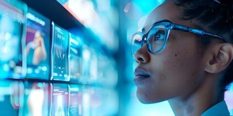 Woman in glasses uses holographic interface to shop virtual fashion items at futuristic store. Concept Virtual Shopping, Holographic Interface, Futuristic Fashion, Technology, Fashion Trends