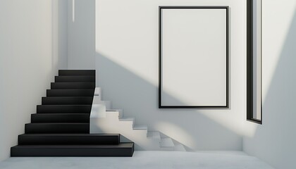 A minimalist black frame contrasts against the white wall between the stairs, showcasing a single, striking art piece that draws the eye upward, creating a focal point in the home's modern interior.