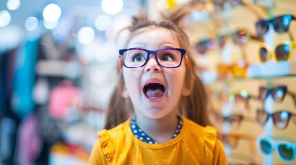 Store portrait and child excited for eyeglasses lens frame and scream for optical eyewear ocular wellness or optometry service Happy energy vision support or young kid girl with eye