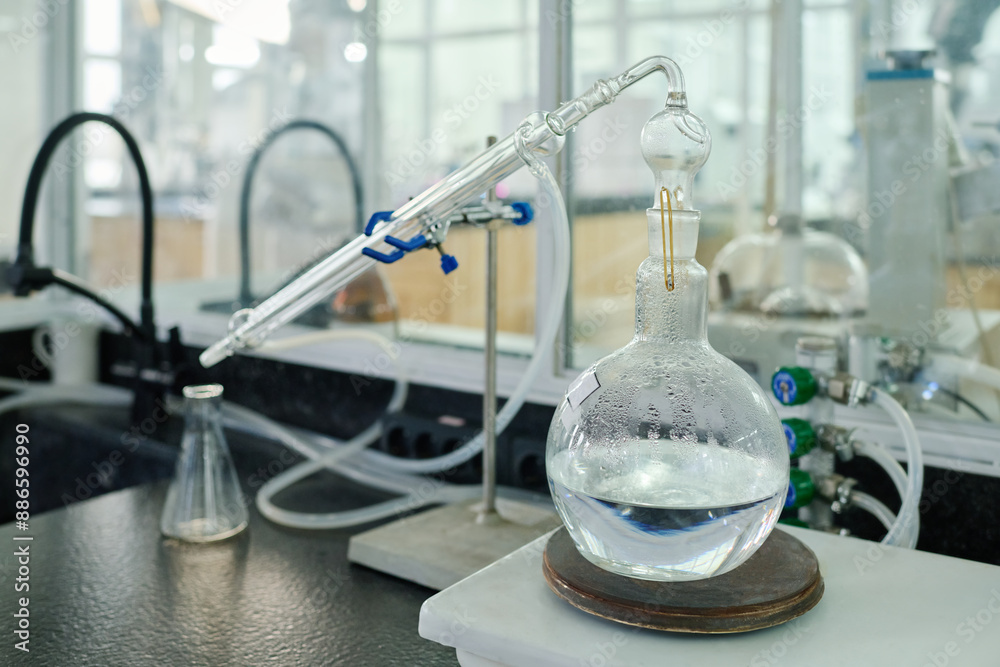 Poster Process of vaporization of liquid chemical substance in order to get new solid one on workplace of modern scientist during experiment