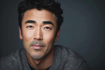 Obraz premium Close-up portrait of a middle aged man of Asian descent, studio photo, against a sleek gray studio backdrop
