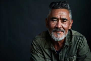 Fototapeta premium Close-up portrait of a middle aged man of Asian descent, studio photo, against a sleek gray studio backdrop