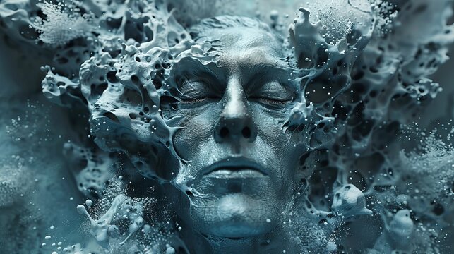 illustration of a 3D face with contemplative elements and death expression and liquidation, depicting the philosophy of Schopenhauer's will to life, abstract art representation