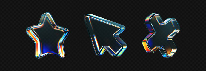 3d glass icon - star, cross, arrow with refraction, holographic effect isolated on dark background. Render transparent glass figure with overlay dispersion light, rainbow gradient. 3d vector morphism