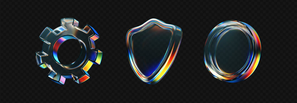 3d glass icon - gear, coin, protect shield with refraction, holographic effect isolated on dark background. Render transparent glass shape with dispersion light, rainbow gradient. 3d vector morphism