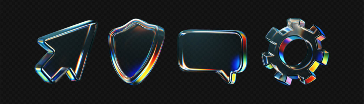 3d glass icon - gear, arrow, speech bubble, protect shield with refraction holographic effect isolated on dark. Render transparent glass figure dispersion light, rainbow gradient. 3d vector morphism