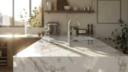 A pristine marble kitchen countertop bathed in natural sunlight, highlighting its smooth surface and subtle hues, set against a backdrop of minimalist, Scandinavian-inspired kitchen decor.