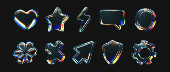 3d glass icon - heart, star, flower, gear, cross, arrow, speech bubble, coin, lightning, protect shield with refraction isolated on dark background. Render transparent glass shape. 3d vector morphism © janevasileva