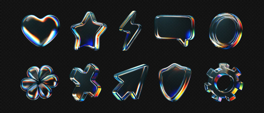 3d glass icon - heart, star, flower, gear, cross, arrow, speech bubble, coin, lightning, protect shield with refraction isolated on dark background. Render transparent glass shape. 3d vector morphism