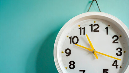 Part of white wall clock with yellow second hand hanging on wall. Close up image of plastic wall clock over turquiose blue background with copy space. Photo of time management or time is going concept