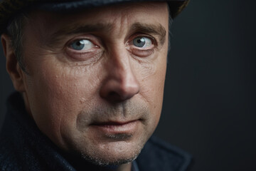 Fototapeta premium Close-up portrait of a middle aged man of European descent, studio photo, against a sleek gray studio backdrop