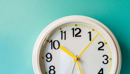 Part of white wall clock with yellow second hand hanging on wall. Close up image of plastic wall clock over turquiose blue background with copy space. Photo of time management or time is going concept