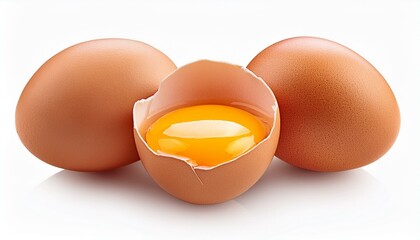 Brown chicken eggs and egg yolk isolated on white background.
