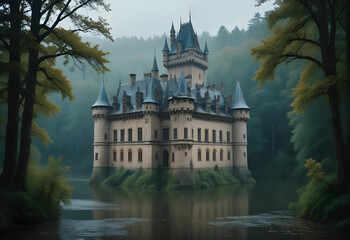 A large, ornate castle or palace surrounded by a moat and dense forest in a dark, moody atmosphere