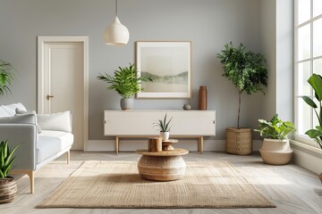 Contemporary Living Room with Light Grey Walls, White Wooden Furniture, and Greenery, Featuring Beige-Framed Oil Painting and Large Jute Rug, Captured in Realistic High-Definition