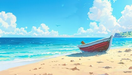 Naklejka premium cartoon anime view of a boat resting on the sand on the beach
