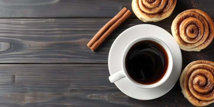 Overhead shot of coffee and cinnamon buns on a wooden background. Concept Food Photography, Coffee Time, Bakery Treats, Rustic Vibes, Delicious Moments