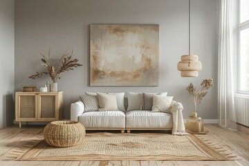 Modern Living Room with Light Grey Walls and Abstract Beige Tone Painting, Furnished with White Wooden Pieces and Floor Vases, Accented by Jute Rug and Glass Pendant Lamp