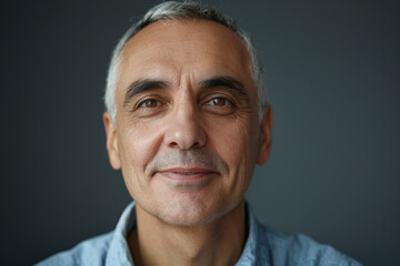 Fototapeta premium Close-up portrait of a middle aged man of European descent, studio photo, against a sleek gray studio backdrop