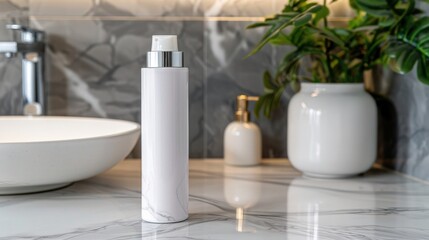 Luxurious Clear Shampoo Bottle on White Background in Modern Bathroom Setting