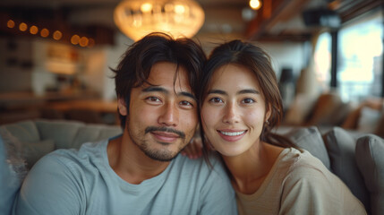 Fototapeta premium A young couple smiles at the camera while sitting on a couch in their living room.