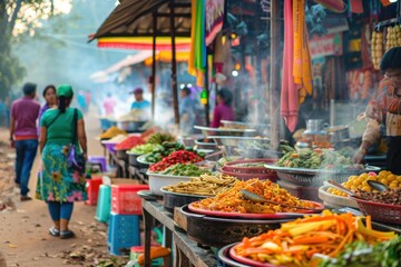 Street food for tourists, vibrant stalls offering diverse, delicious, and exotic flavors.