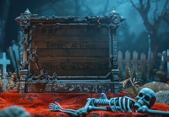 Halloween concept. Empty wooden treasure chest on the background of the night cemetery.