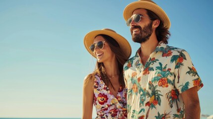 A man and woman dressed in floral summer clothes stand confidently by a beach with clear blue sky © Usman