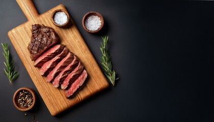 Raw beef steaks with herbs and spices ready for cooking are on wooden board.