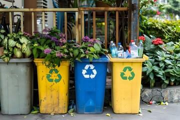 Recycle Bins with Recycling Symbol and Plastic Bottles
