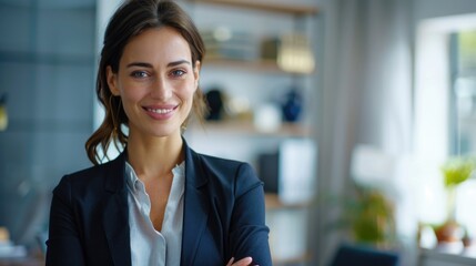 Fototapeta premium Professional woman standing with arms crossed, possibly waiting for meeting or making a point