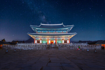 Gyeongbokgung Palace at night with the Milky Way in the background, South Korea.