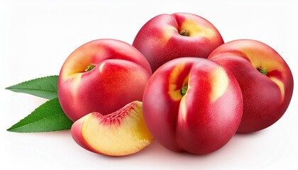 Ripe red peaches with green leaf isolated on white background.  contains clipping path.