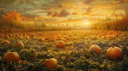 Autumnal Pumpkin Patch at Sunset