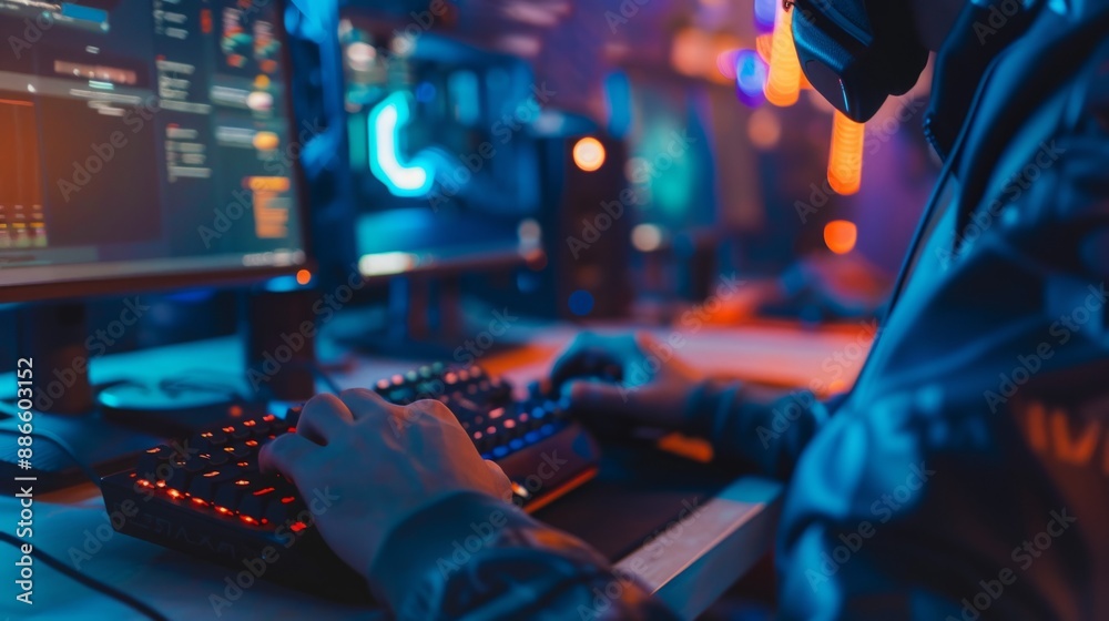 Aufkleber A gamer sits in front of their computer, their hands focused on the keyboard and mouse as they play an online game. The room is lit with colorful lights, creating a vibrant atmosphere