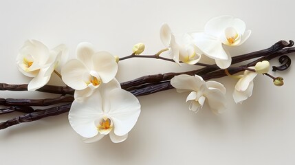 Fototapeta premium Vanilla sticks and flower on white background.