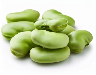 Several green young broad beans isolated on white background.