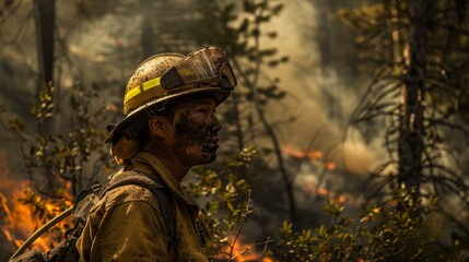Obraz premium Brave Firefighter Battling Intense Wildfire in Forest