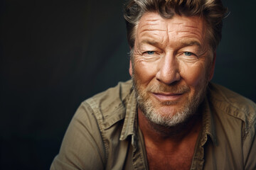 Obraz premium Close-up portrait of a middle aged man of European descent, studio photo, against a sleek gray studio backdrop