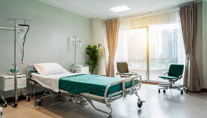 Recovery room with comfortable bed, medical interior, empty hospital room.