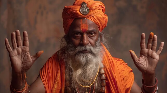 a hindu pandit in his religious attire giving blessing gesture with both hands up, namaste gesture, solid background, white beard, kesari sindoor and bead bracelets and necklaces