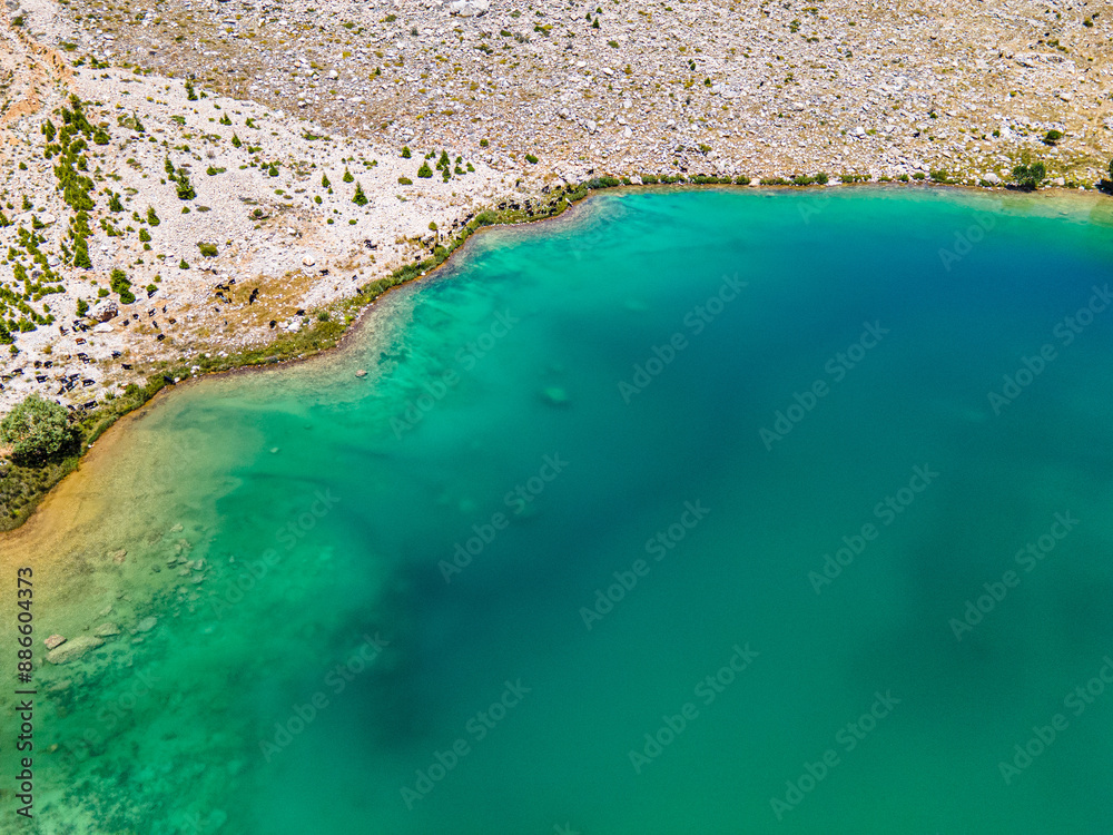 Wall mural The aerial views of Green Lake, a crater lake, is on the Gömbe Plateau, famous for its unique geographical riches.