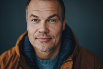 Obraz premium Close-up portrait of a middle aged man of European descent, studio photo, against a sleek gray studio backdrop