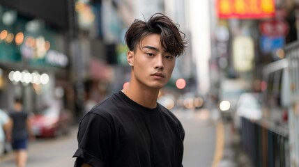 Fototapeta premium Asian male model in a black cotton tshirt at the city street