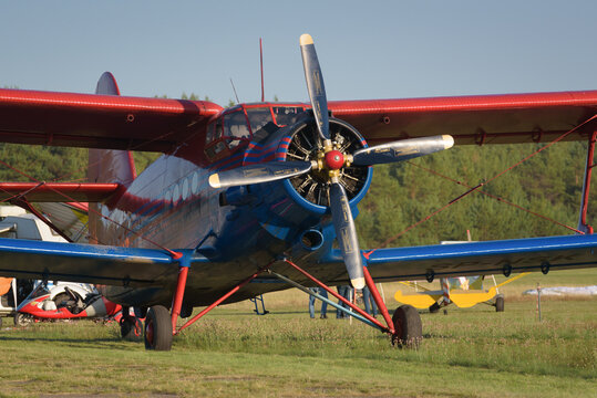 BORNE SULINOWO, WEST POMERANIAN - POLAND - AUGUST 11, 2023: AN2 biplane aircraft at a field airport