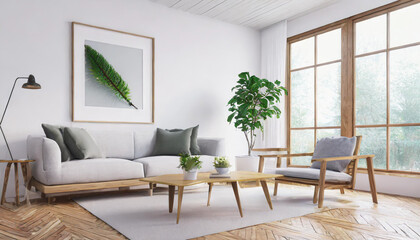 Scandinavian interior poster mock up with horizontal wooden frames, light grey sofa on wooden floor, wooden side table and green plant in living room with white wall. 3d illustrations.